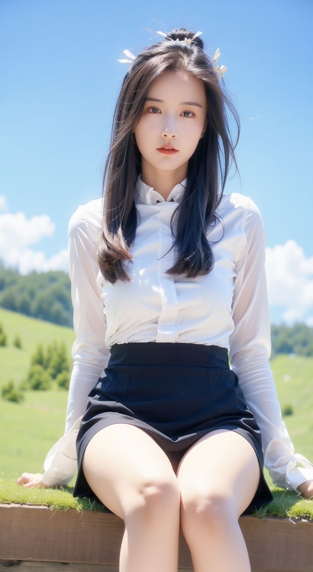  On the mountaintop, you can see the starry sky, and a beautiful girl is sitting on the grass. It is a masterpiece of a master, with stunning beauty, eye close-up, natural beauty, long legs, and short skirt, liushen, 1girl