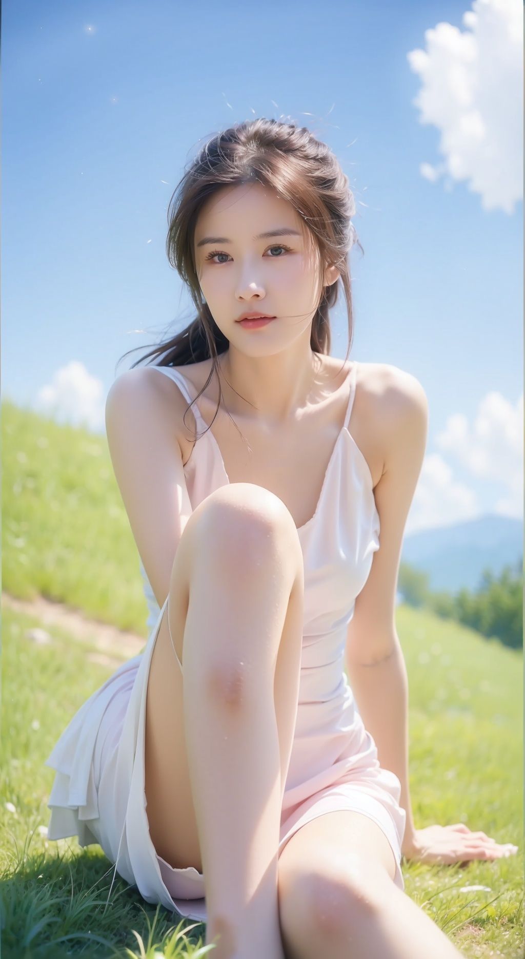  On the mountaintop, you can see the starry sky, and a beautiful girl is sitting on the grass. It is a masterpiece of a master, with stunning beauty, eye close-up, natural beauty, long legs, and short skirt, liushen, 1girl, yujiasuit
