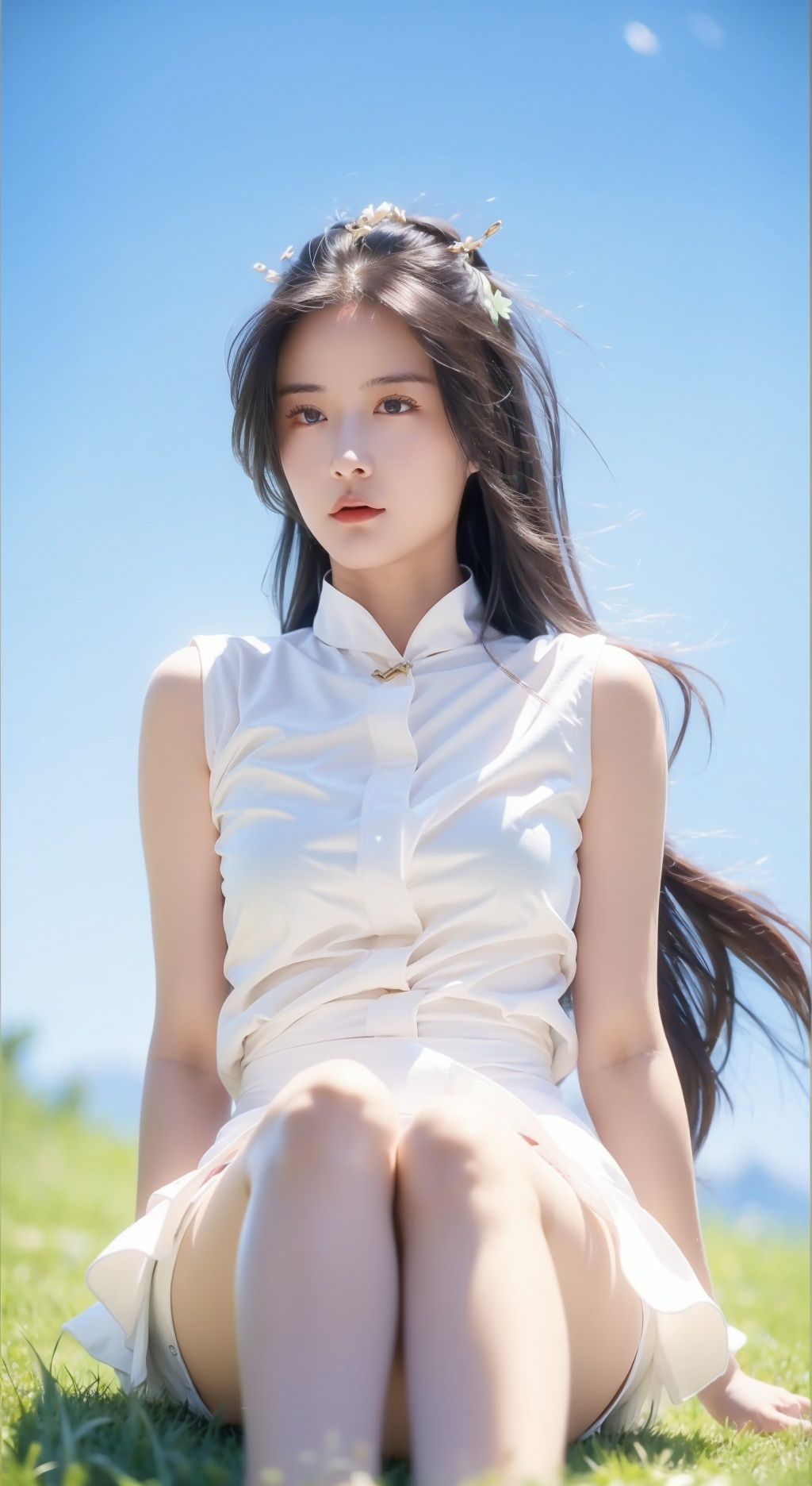  On the mountaintop, you can see the starry sky, and a beautiful girl is sitting on the grass. It is a masterpiece of a master, with stunning beauty, eye close-up, natural beauty, long legs, and short skirt, liushen, 1girl