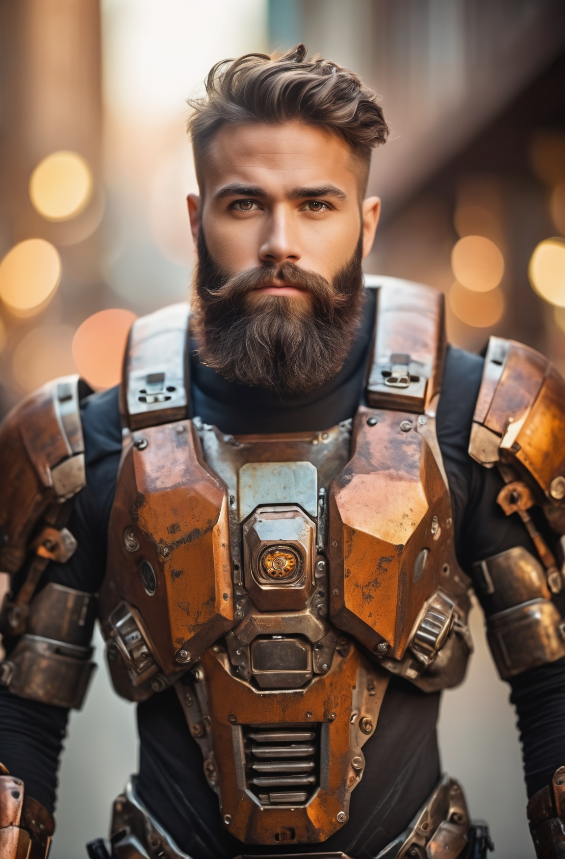 Portrait photo of muscular bearded guy in a worn mech suit,  ((light bokeh)),  intricate on Tensor.Art