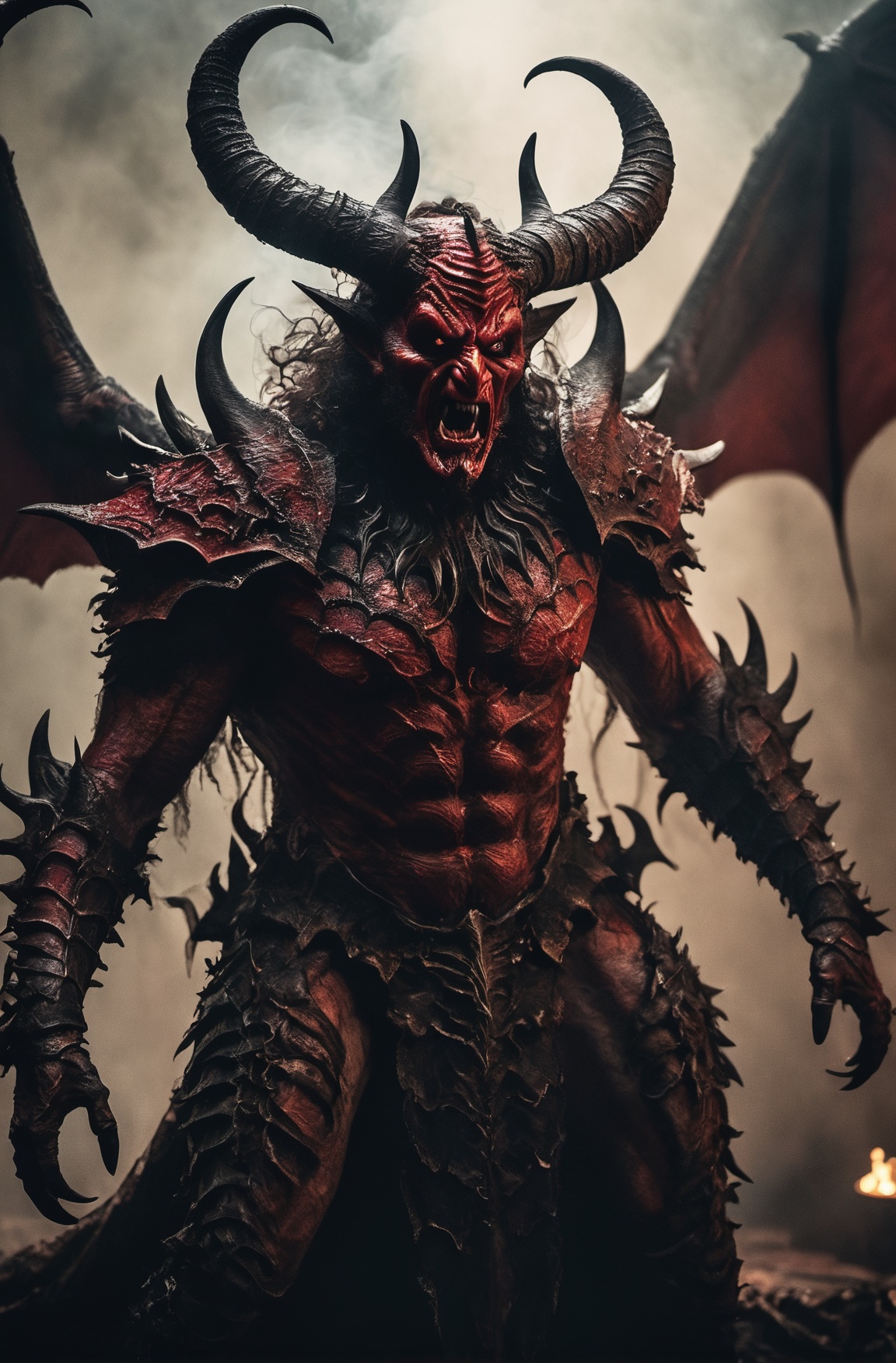 Horror-themed cinematic film still,  a horrifying red-skinned male demon king, on Tensor.Art