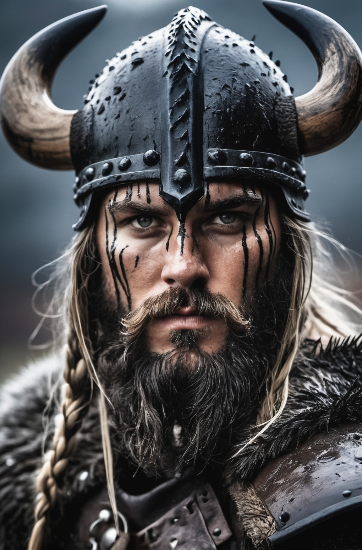A close-up shot of a fierce Viking King,  covered in dripping wet black mud,  wearing a dark metal helmet with imposing bl...