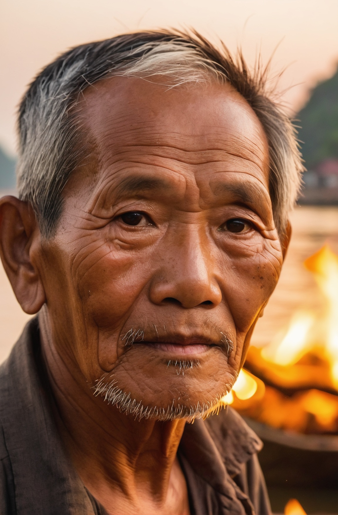 A close-up of a Vietnamese old man's face,  illuminated by the light of a fire,  with a backdrop of a dirty river and a sh...