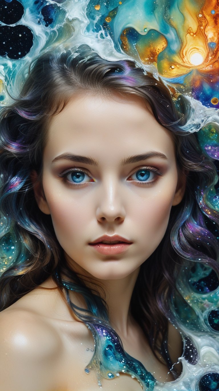 A color painted beautiful young woman.,  mystical waves at night. 3d. Iridescent. the melting beauty of the Universe. surr...