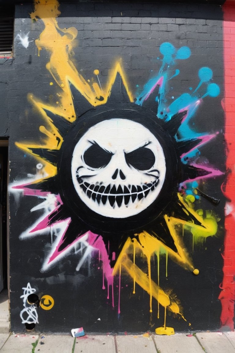 Imagine a rebellious street art mural featuring anarchist symbols,  chaotic brushstrokes,  and vivid toxic hues. Embrace t...