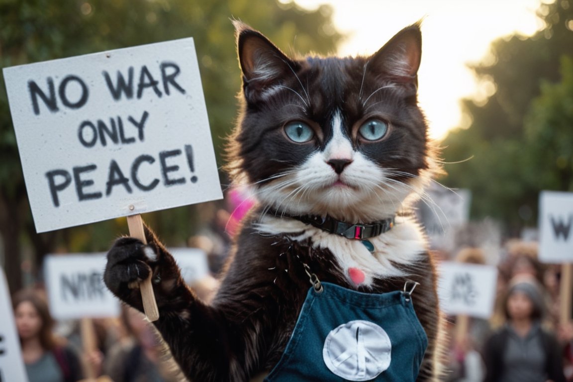 cinematic film still a activist cat rally,  protesting against war,  making a peace sign on Tensor.Art