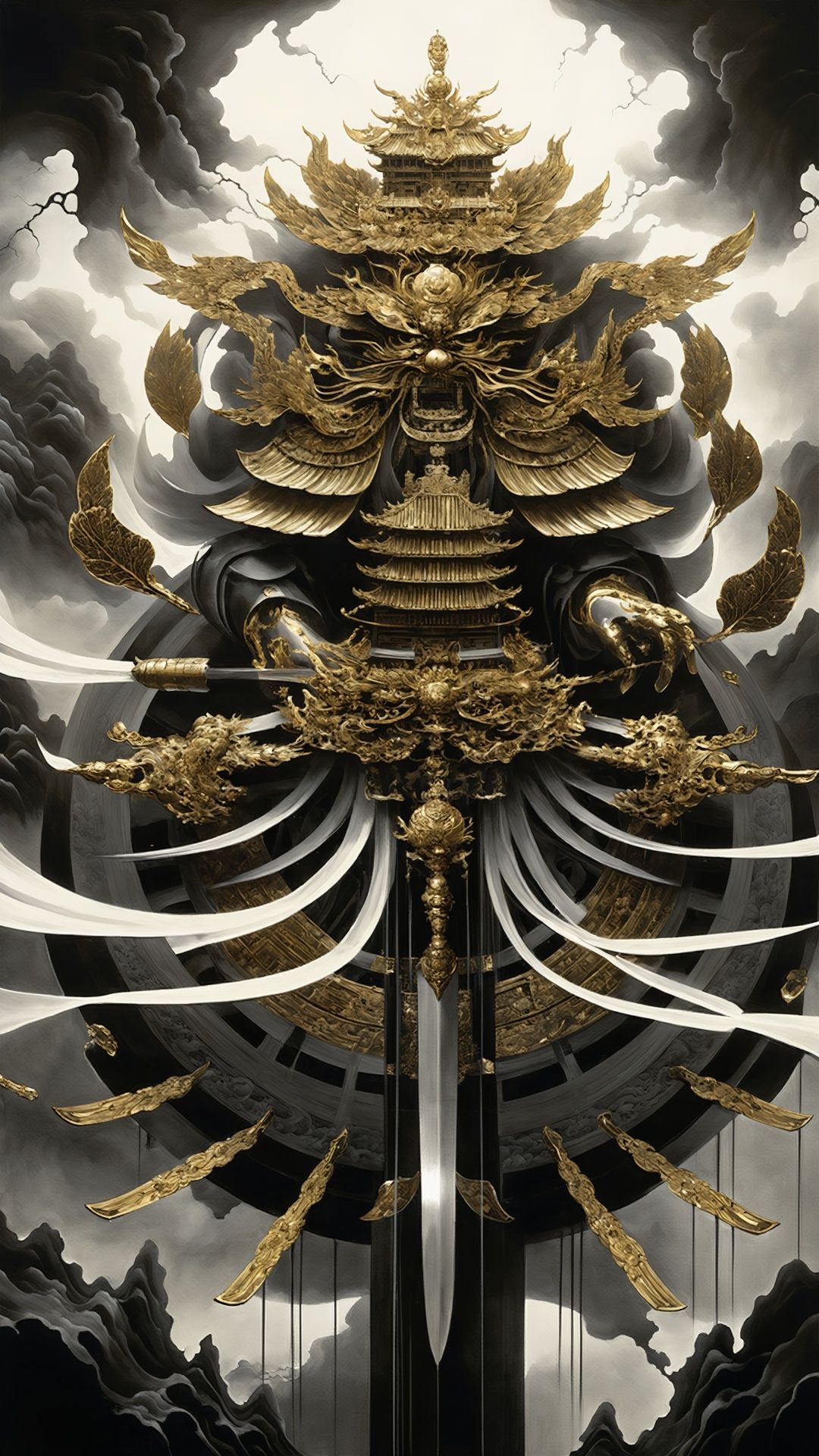 (Chinese Gilded Style: 1.5) Surrealism, intricate details, scrolls, thousand hands, fractal art, martial arts, weapons, ink elements, mesmerizing light, evocative tones, advanced black and white art, dramatic light,