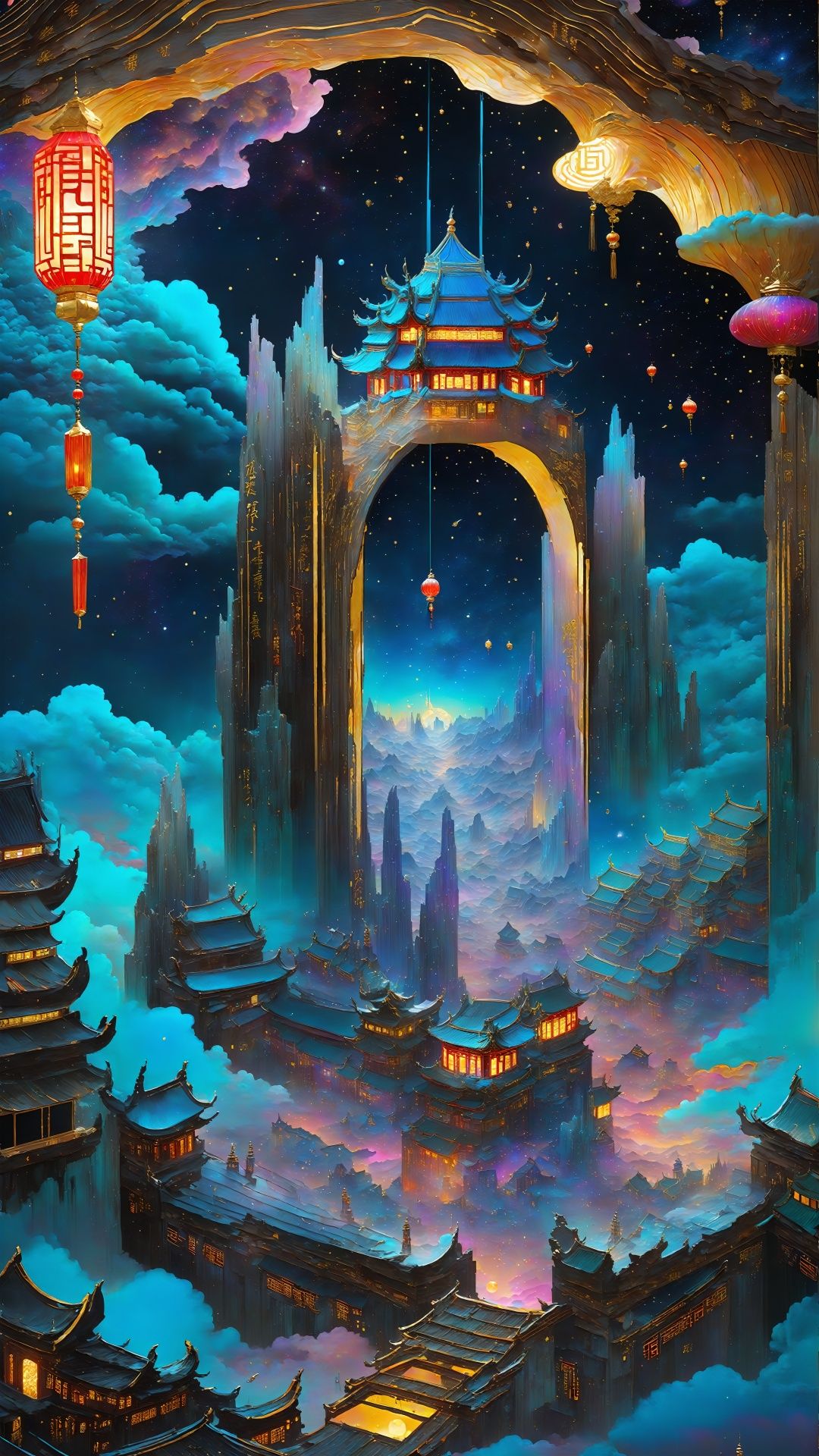  (Chinese gilding style: 1.5) Ancient rhyme color (cosmic perspective) Surrealism, intricate details, above the clouds, a dreamy fairy city floats in the void. Strange runes are carved on the city walls, and the buildings in the city are as transparent as crystal and emit colorful neon lights, as if they are in a fairyland.