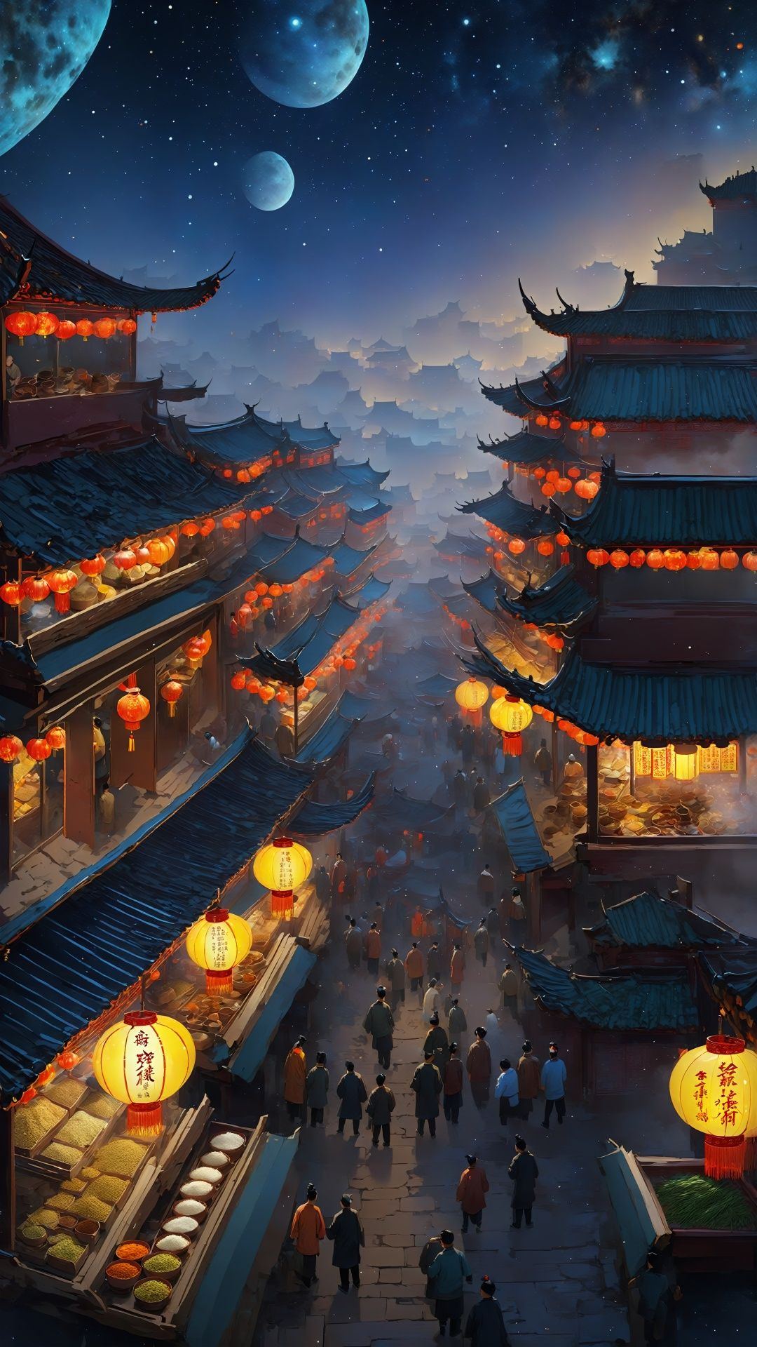  (Chinese ancient rhyme style: 1.5) Ancient rhyme color (cosmic perspective) Surrealism, intricate details, the aroma of ancient spices and herbs wafting in the night market starry sky. In front of the food stalls, traditional guzhengs are placed. The buildings of the ancient capital are like the ancient streets of the Ming and Qing Dynasties. The night market has become a gathering place for classical literati.