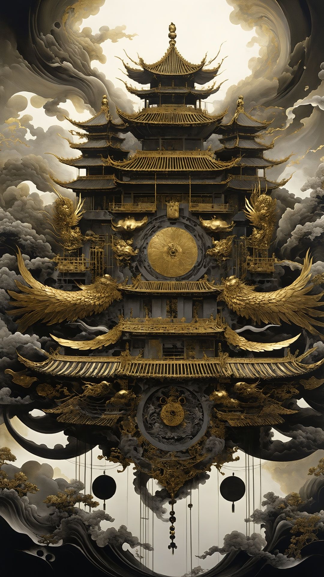 (Chinese Gilded Style: 1.5) Surrealism, intricate details, scrolls, thousand hands, fractal art, martial arts, weapons, ink elements, mesmerizing light, evocative tones, advanced black and white art, dramatic light,