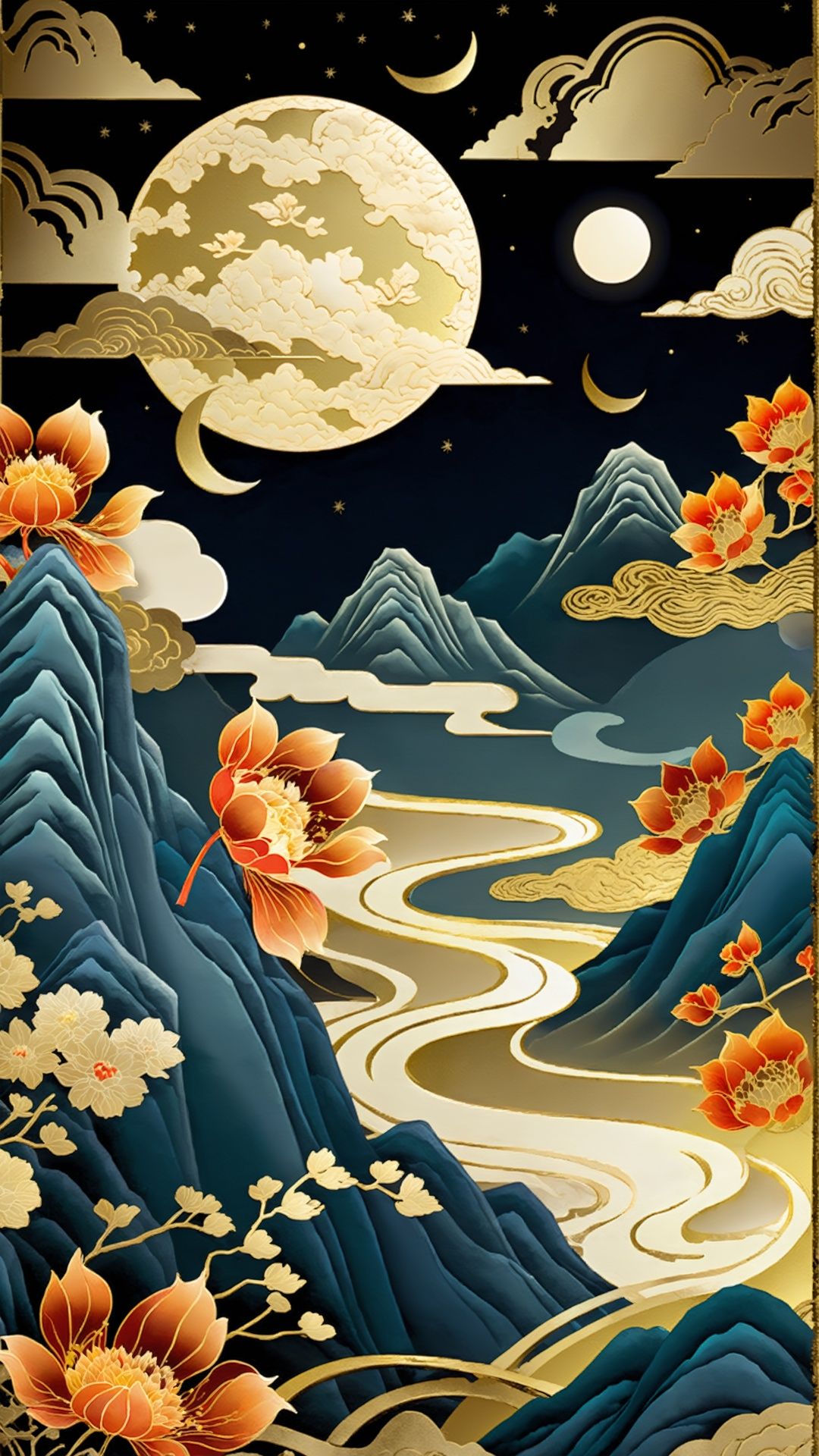 (Chinese hot stamping illustration style) intricate details, clouds, sky, mountains, flowers, moon, night, lights,