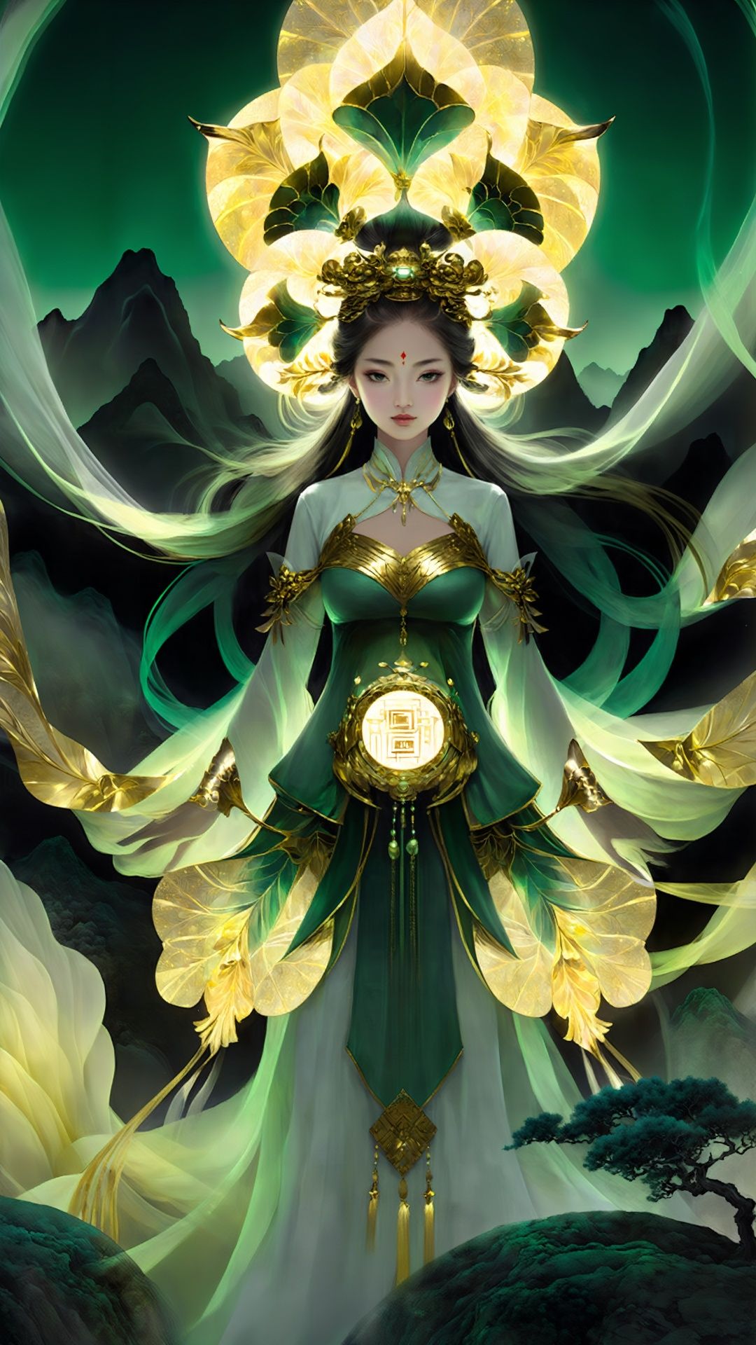 (Chinese Gilt Style: 1.5) Intricate details, ink elements, girls, fractal art, green hills glowing atmosphere, charming light, glowing light, ethereal atmosphere, charming light, evocative tones, captivating colors , dramatic lighting, captivating aura, 1 girl