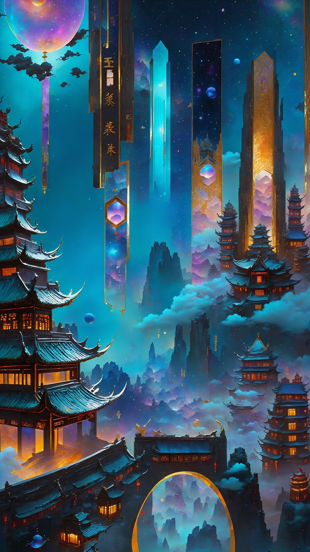  (Chinese gilding style: 1.5) Ancient rhyme color (cosmic perspective) Surrealism, intricate details, above the clouds, a dreamy fairy city floats in the void. Strange runes are carved on the city walls, and the buildings in the city are as transparent as crystal and emit colorful neon lights, as if they are in a fairyland.