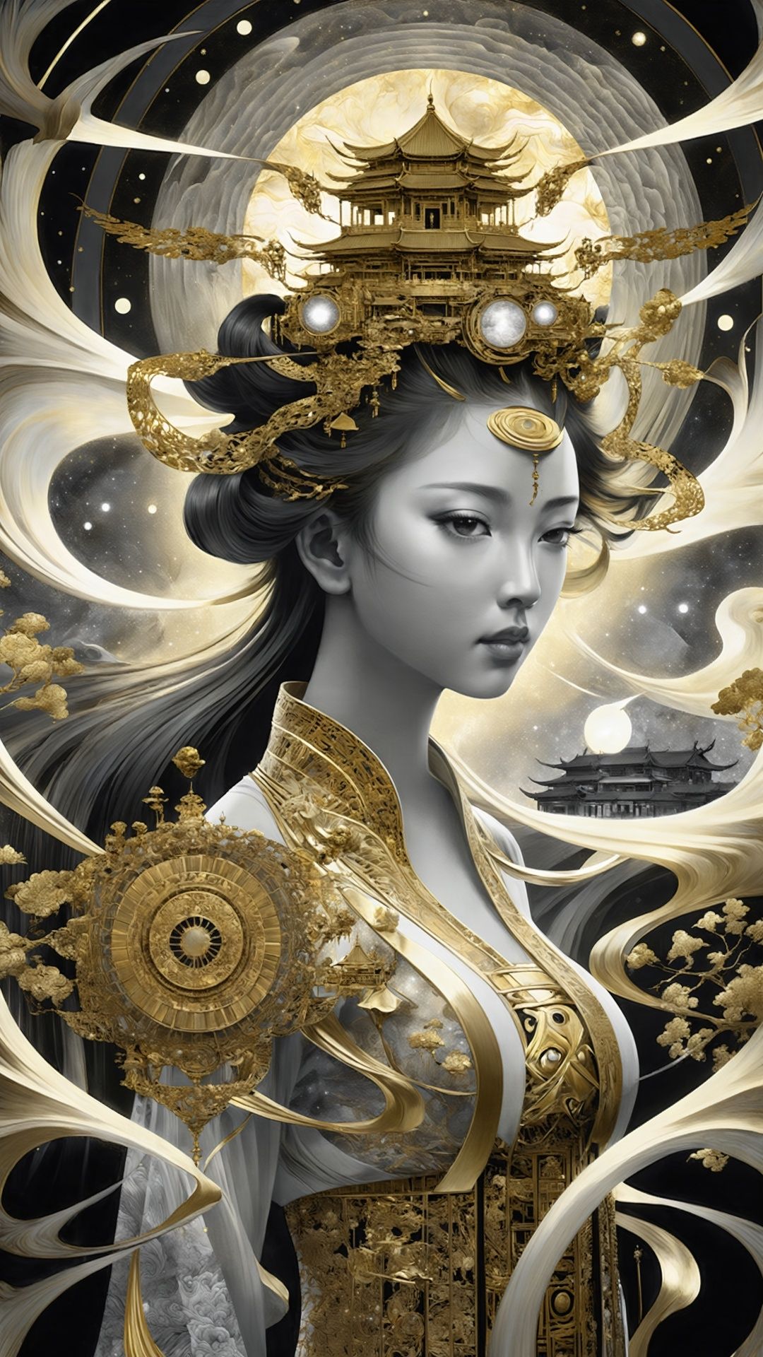 (Chinese Gilded Style: 1.5) (Cosmic Perspective) Surrealism, intricate details, ink elements, girls, fractal art, luminous atmosphere, mesmerizing light, (Chinese Xiangyun Technology), intriguing tones, advanced Black and white art, dramatic light, mesmerizing