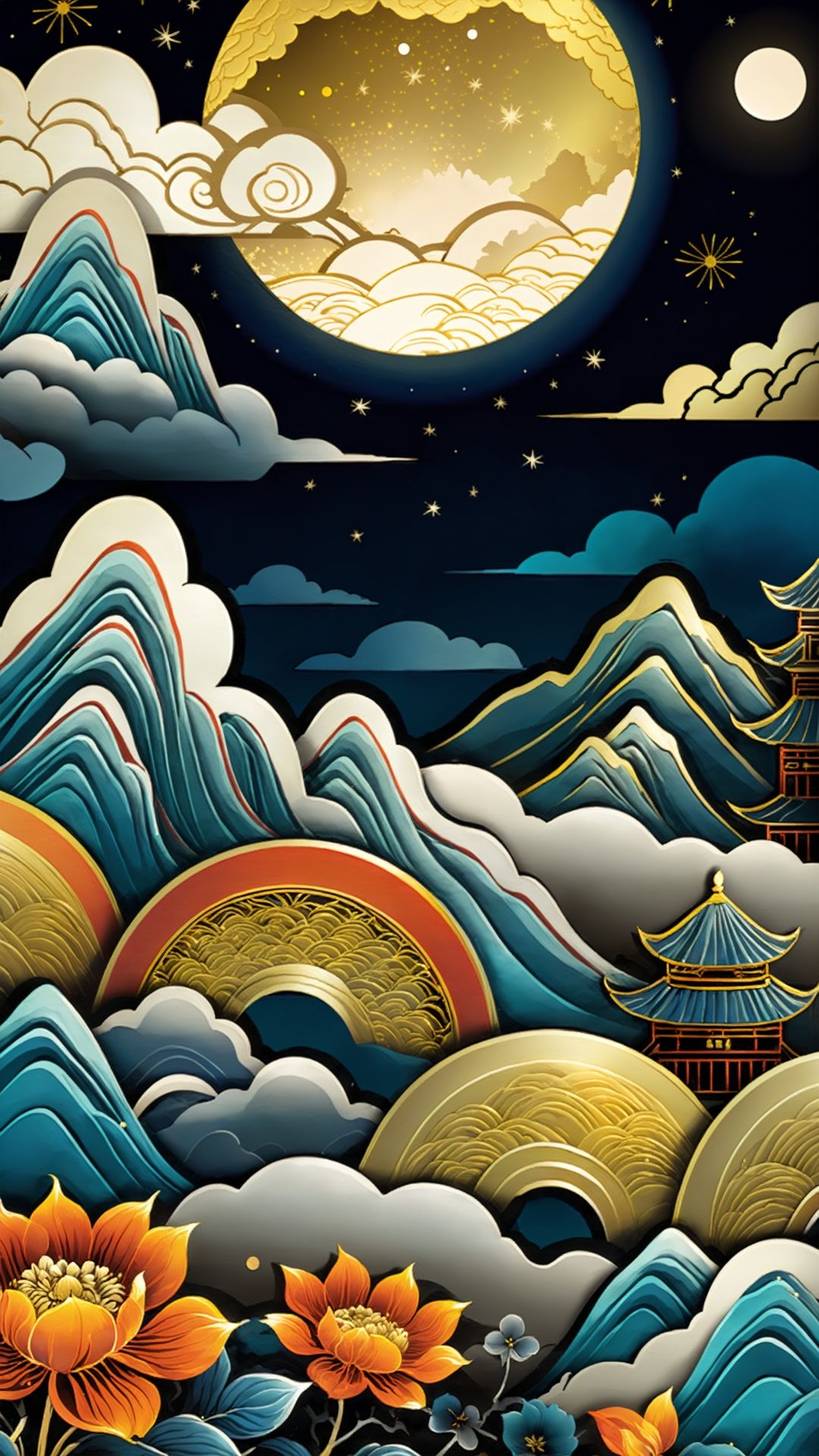 (Chinese hot stamping illustration style) intricate details, clouds, sky, mountains, flowers, moon, night, lights,