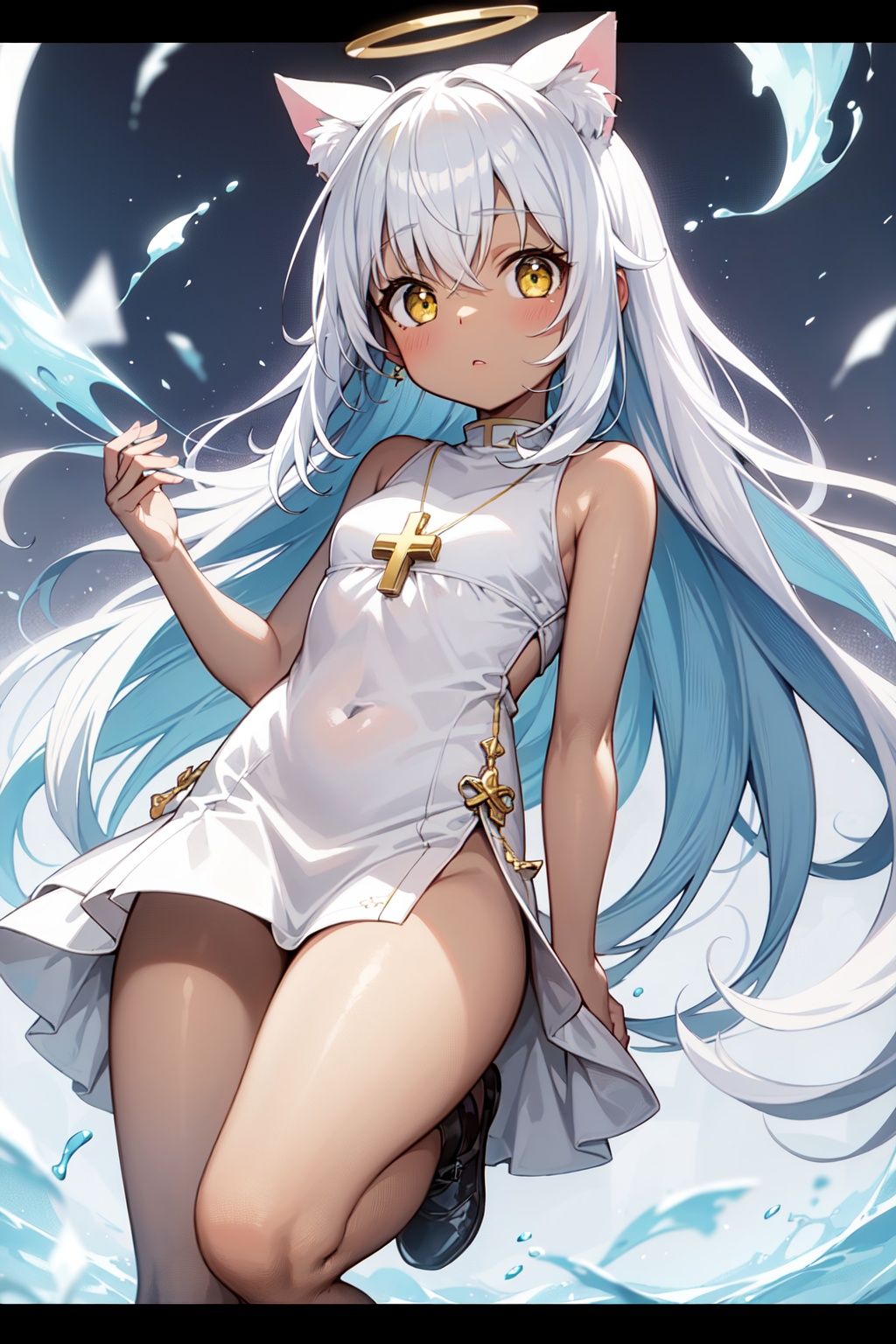  {masterpiece},white hair,yellow eyes,aqua eyes,looking up,stockings,dark skin,long hair,hime cut,messy hair,floating hair,halo,cross necklace,holy,divinity,shine,holy light,cat girl,(loli),(petite),solo,houtufeng,cozy anime,letterboxed