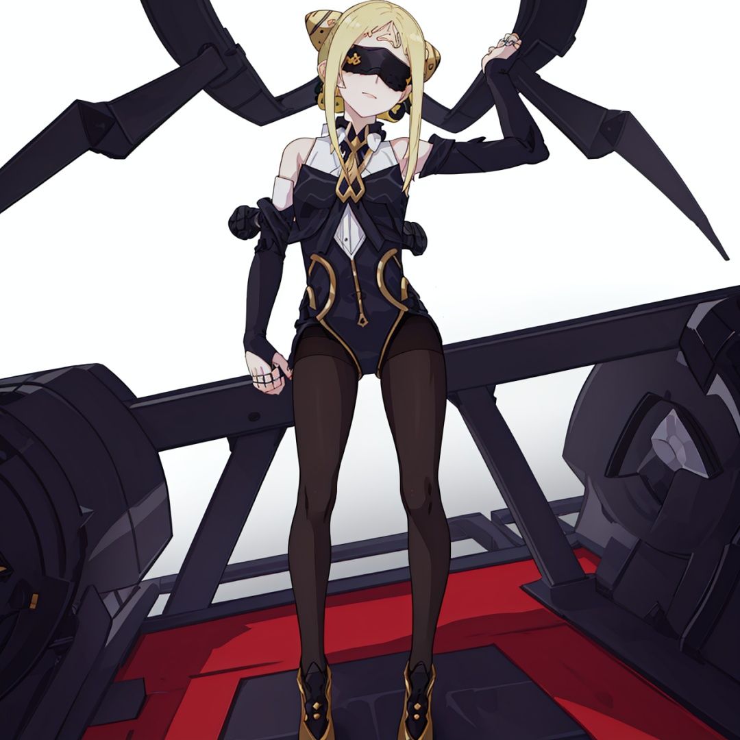 (masterpiece:1.3), (the best quality:1.2), (super fine illustrations:1.2), (Masterpiece), high quality, high detail,((white background:1.2)), looking at viewer, (SOLO:1.4),outline,,simple backgroundhair ornament, hairband, braid, long sleeves, bangs, shoes, black jacket, bodysuit, veil, boots, hair rings, covering eyes, braided bun, eye mask, hair bun, domino mask,black blindfold, eyepatch, covered eyes, long hair, mask, bare shoulders, pantyhose, blonde hair, hair ornament