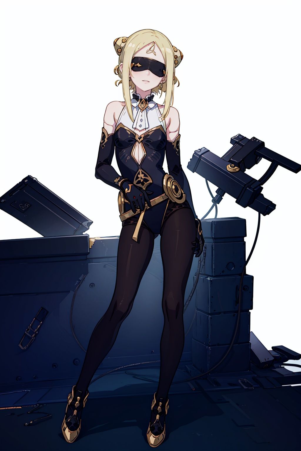  (masterpiece:1.3), (the best quality:1.2), (super fine illustrations:1.2), (Masterpiece), high quality, high detail,((white background:1.2)), looking at viewer, (SOLO:1.4),outline,,simple backgroundhair ornament, hairband, braid, long sleeves, bangs, shoes, black jacket, bodysuit, veil, boots, hair rings, covering eyes, braided bun, eye mask, hair bun, domino mask,black blindfold, eyepatch, covered eyes, long hair, mask, bare shoulders, pantyhose, blonde hair, hair ornament