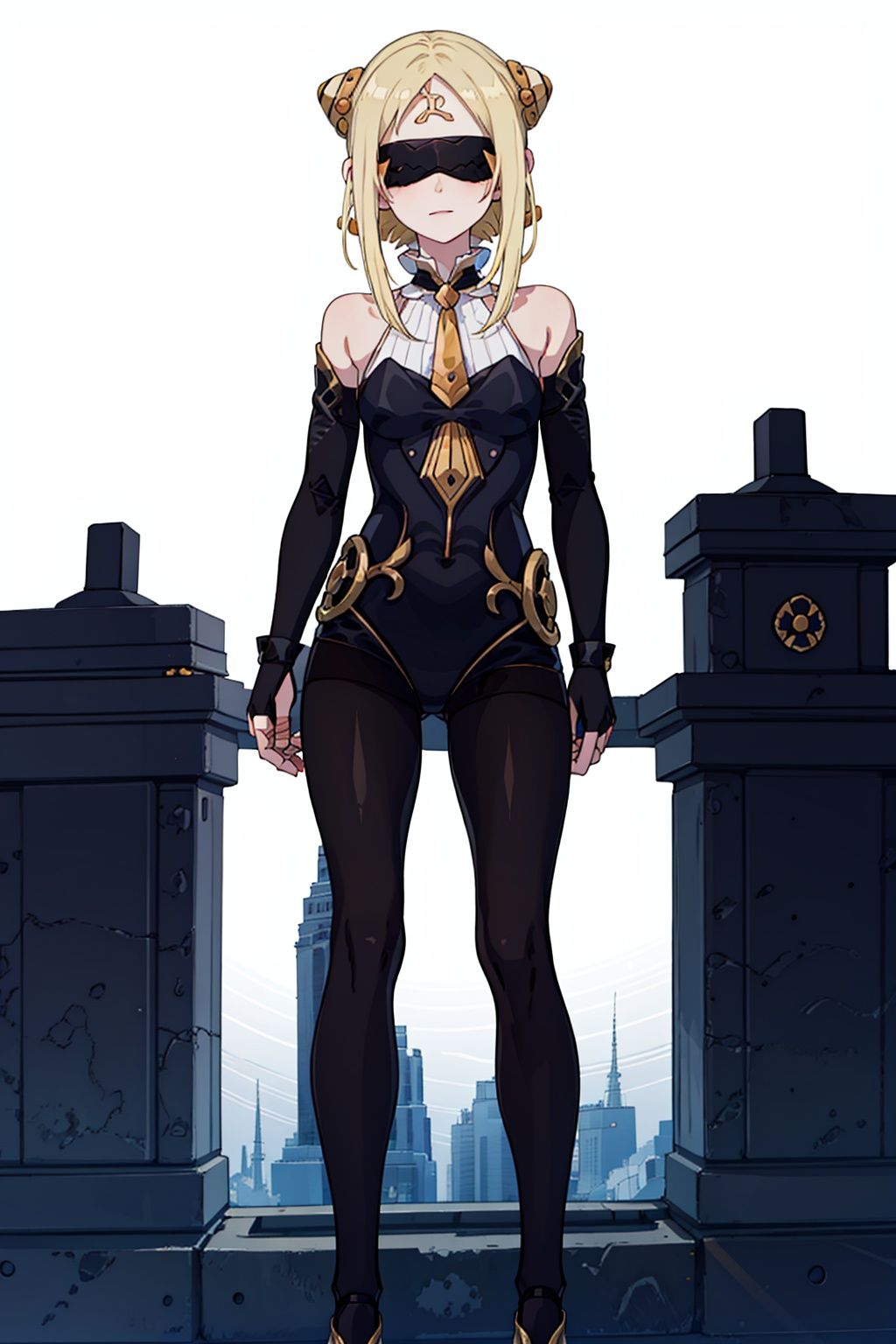  (masterpiece:1.3), (the best quality:1.2), (super fine illustrations:1.2), (Masterpiece), high quality, high detail,((white background:1.2)), looking at viewer, (SOLO:1.4),outline,,simple backgroundhair ornament, hairband, braid, long sleeves, bangs, shoes, black jacket, bodysuit, veil, boots, hair rings, covering eyes, braided bun, eye mask, hair bun, domino mask,black blindfold, eyepatch, covered eyes, long hair, mask, bare shoulders, pantyhose, blonde hair, hair ornament