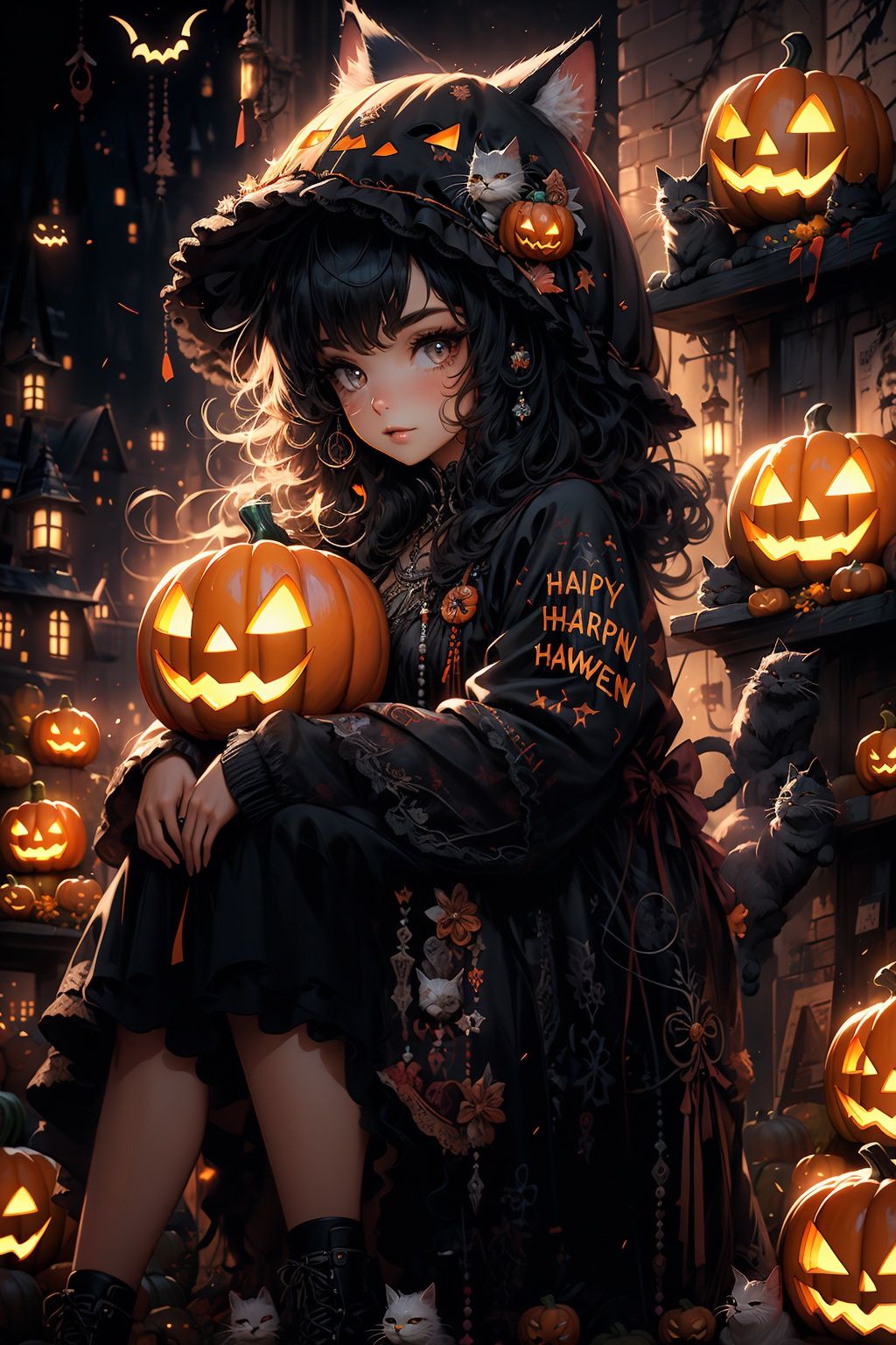  ((masterpiece)), ((best quality)), 8k, high detailed, ultra-detailed, (1girl), sitting on a chair, (cat hat), (2cats), one on her head, one on her knee, (Halloween), (pumpkin light).
