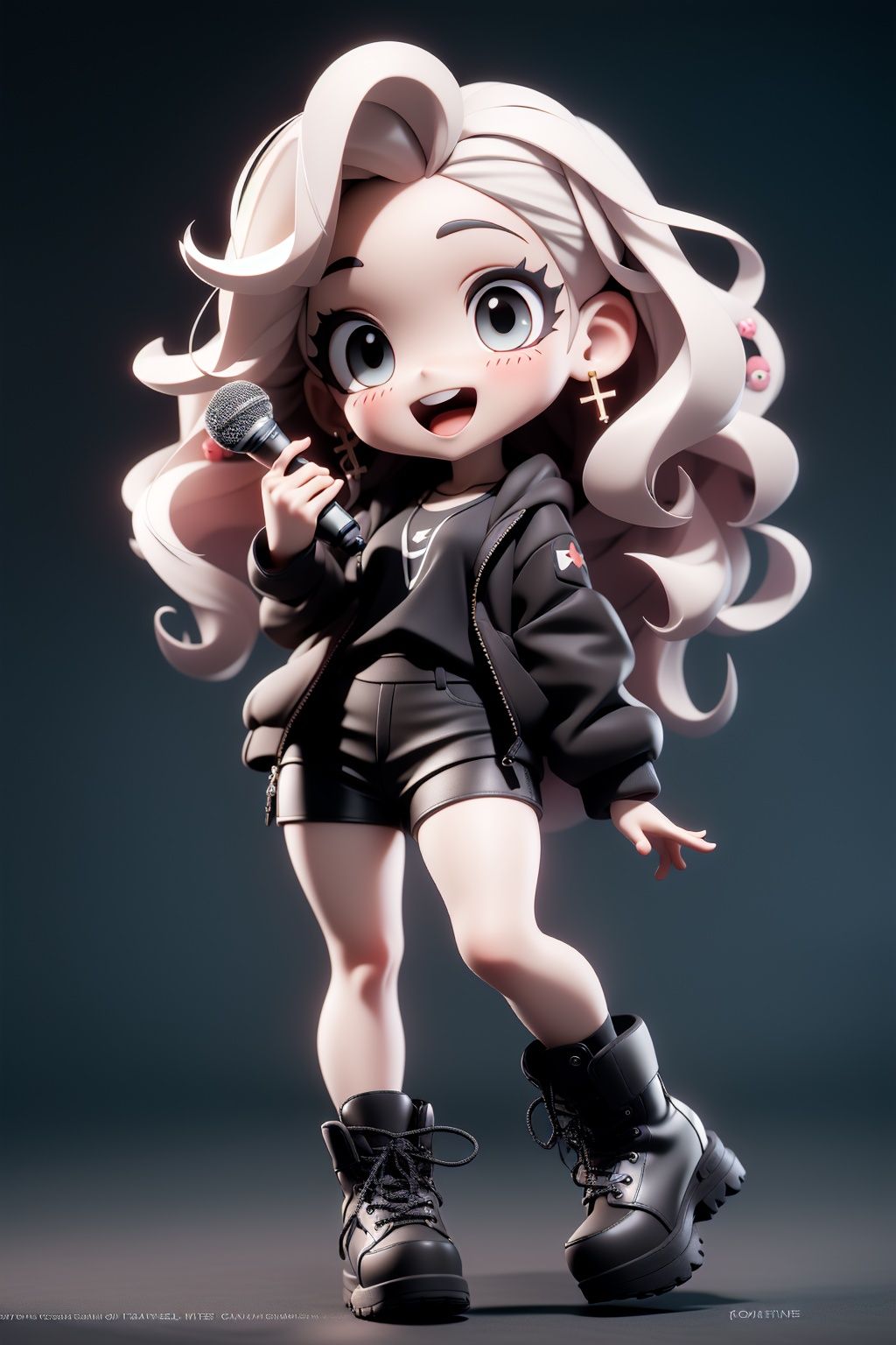 masterpiece,best quality,8K,pencil skirt,official art,ultra high res,1girl,solo,long hair,holding microphone,microphone,boots,jewelry,earrings,open mouth,shorts,black footwear,looking at viewer,holding,full body,smile,white hair,jacket,blush,black shorts,long sleeves,pigeon-toed,grey eyes,black jacket,hood,teeth,cross-laced footwear,wavy hair,shirt,:d,female child,tattoo,curly hair,short shorts,
