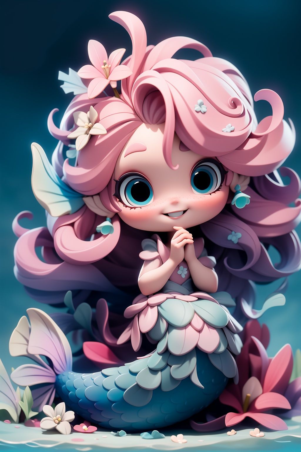 masterpiece,best quality,8K,official art,ultra high res,1girl,mermaid,solo,pink hair,flower,blue eyes,hair ornament,shell,hair flower,smile,freckles,looking at viewer,own hands together,long hair,<lora:3D-chibi:1>,