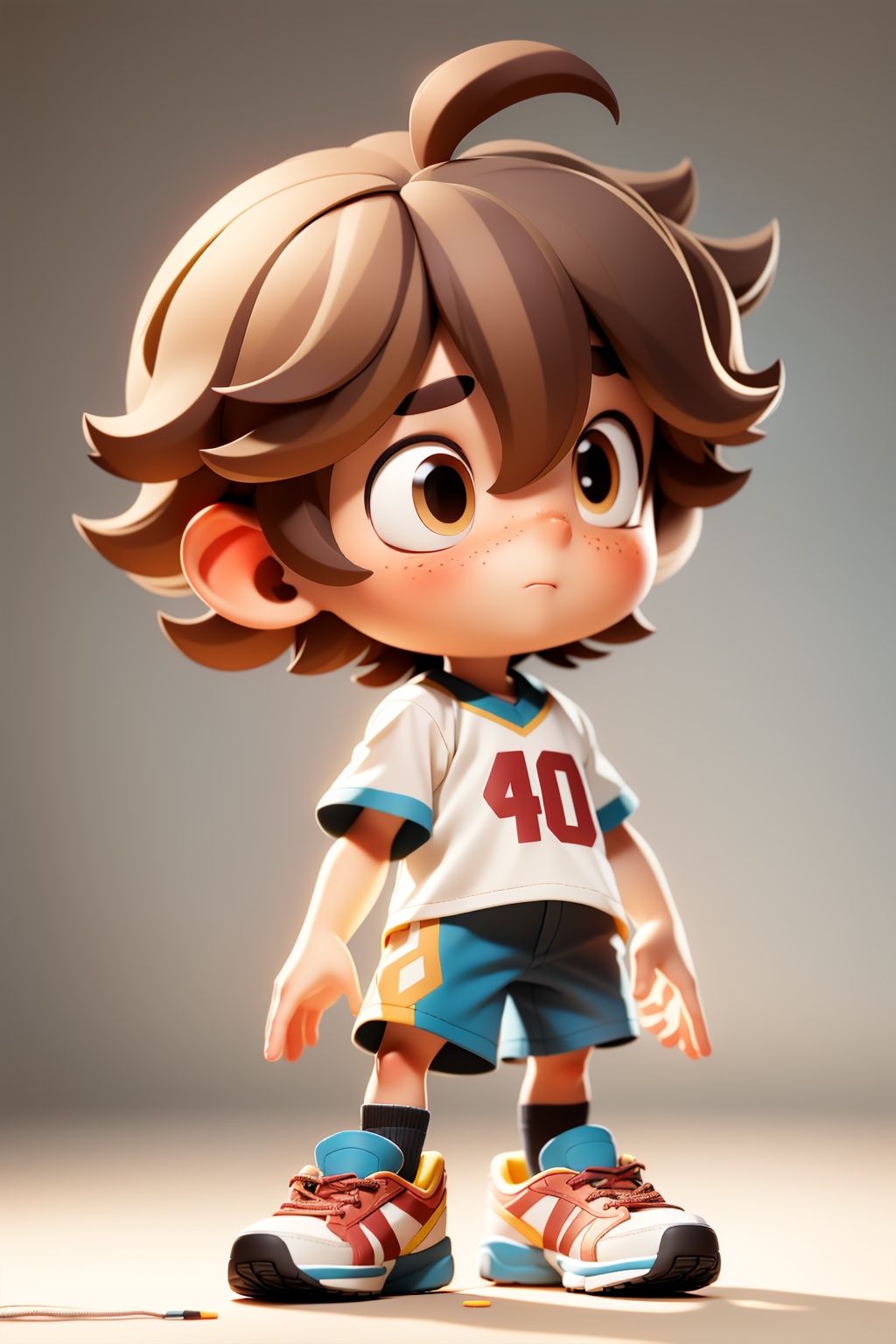 masterpiece,best quality,8K,official art,ultra high res,1boy,shirt,freckles,brown hair,shoes,short hair,blush,short sleeves,male child,closed mouth,solo,shorts,socks,ahoge,sneakers,brown eyes,