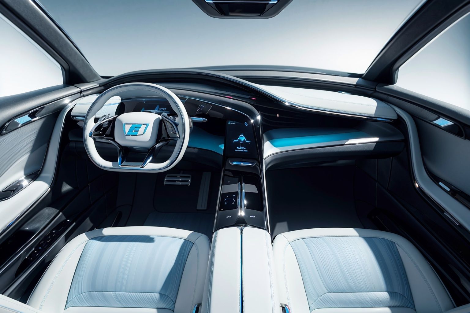 Automotive Interior,blue and white color, white and simple background, a high quality image of an lelectric concept car 8K.