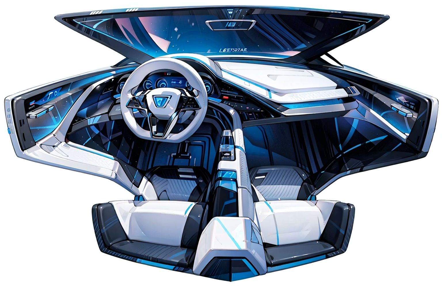 Automotive Interior,blue and white color, white and simple background, a high quality image of an lelectric concept car 8K.