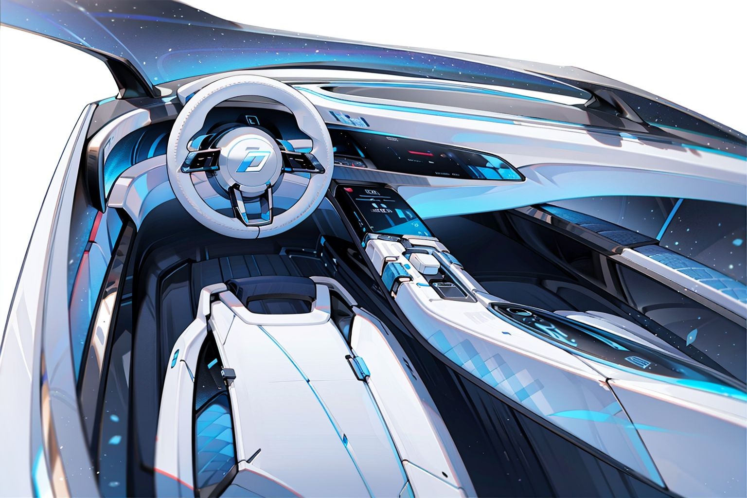 Automotive Interior,blue and white color, white and simple background, a high quality image of an lelectric concept car 8K.