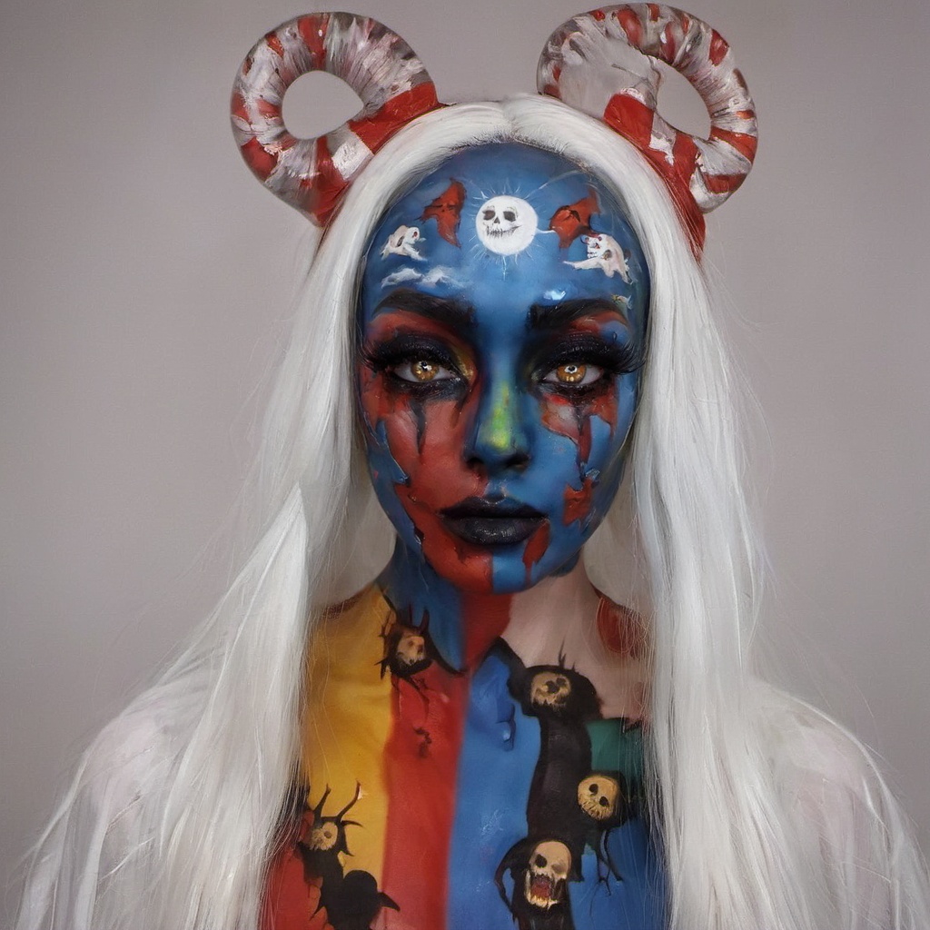 aw0k halloween makeup, photograph, ( a woman in makeup:1.1) , wearing Judge South Sudanese thobe, Satisfying, Nostalgic lighting, film grain, Fuji superia 400, L USM, most beautiful artwork in the world, (art by Julie Bell:1.3) , detailed eyes and pupils, <lora:halloweenmakeup-000007:0.8>