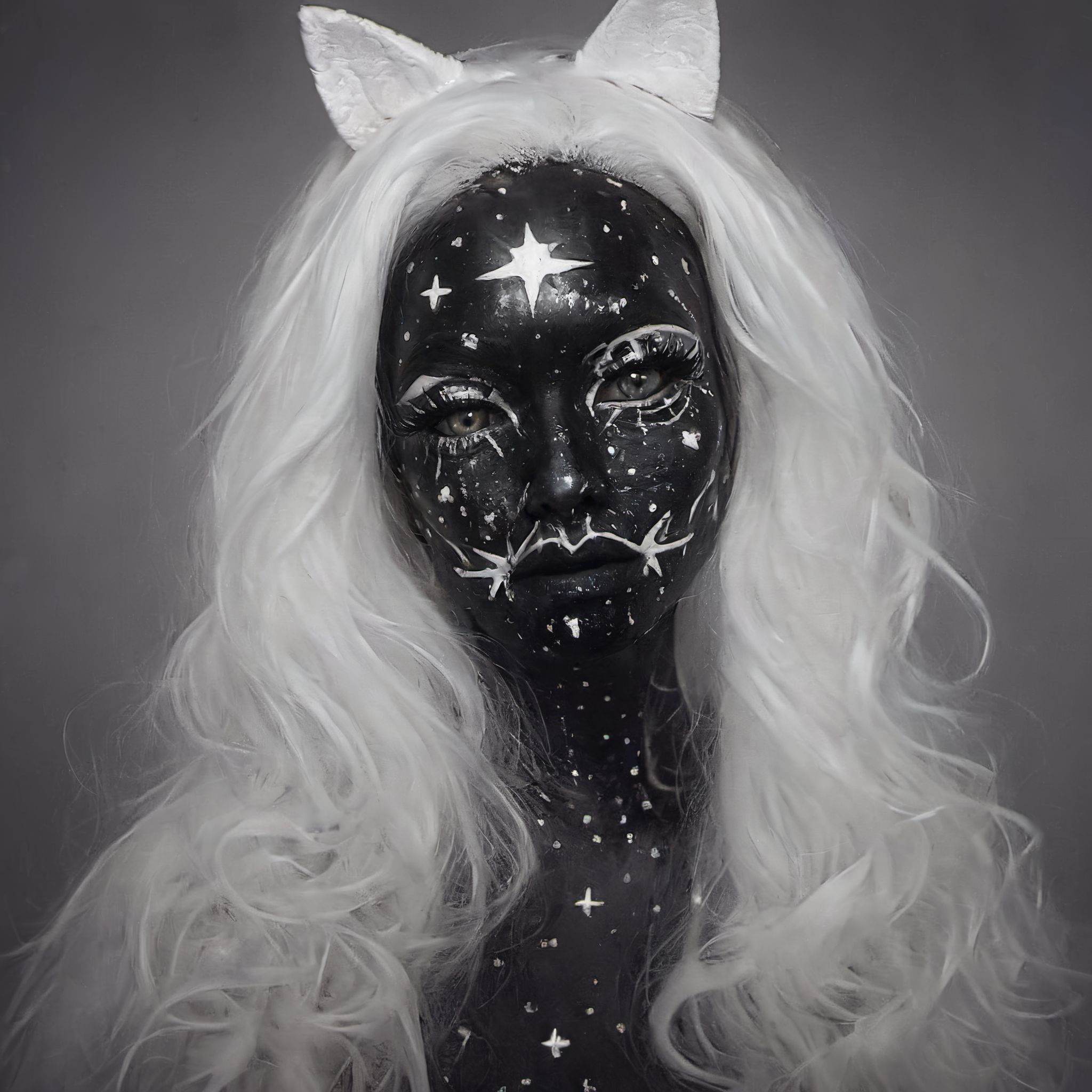 aw0k halloween makeup, photograph, Dark ages nature, Cartooncore, Passionate Skilled ( a woman in makeup:1.1) , floating in space Zoologist, surreal, inside a Maximalist Saudi Arabia, Depressing, film grain, Ilford HP5, Low shutter, Offset print, art by Petros Afshar, detailed eyes and pupils, <lora:halloweenmakeup-000007:0.8>