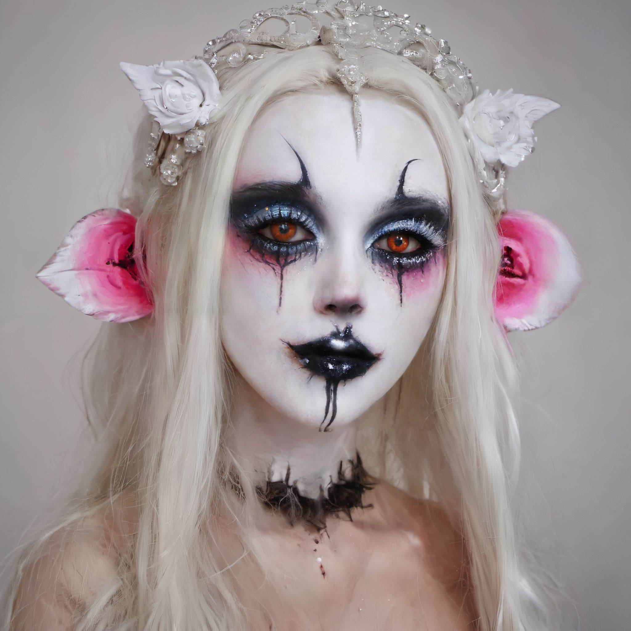 aw0k halloween makeup, (art by Eero Saarinen:0.7) , photograph, Divine Boorish ( a woman in makeup:1.2) , Producing a TV show, Fur-Trimmed hair styled as Crown braid, from inside of a Sad Bangkok, Snowy, tilt shift, Anime screencap, Evil, cyberdelic, film grain, Nikon Z9, macro lens, detailed eyes and pupils, <lora:halloweenmakeup-000007:0.8>