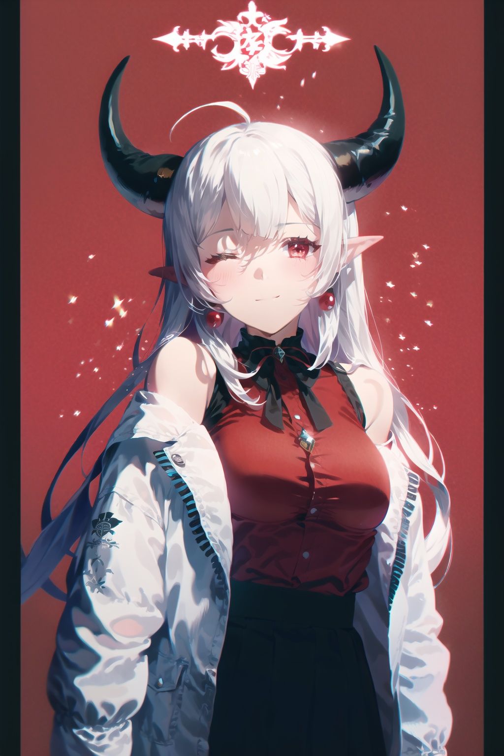  1girl, solo, red eyes, horns, one eye closed, long hair, off shoulder, white hair, white jacket, shirt, jacket, looking at viewer, ribbon, pointy ears, red shirt, closed mouth, black skirt, long sleeves, bangs, black ribbon, hand up, sleeveless, open clothes, skirt, pink background, breasts, neck ribbon, open jacket, hair ornament, smile, sleeveless shirt, gem, very long hair, mole under eye, medium breasts