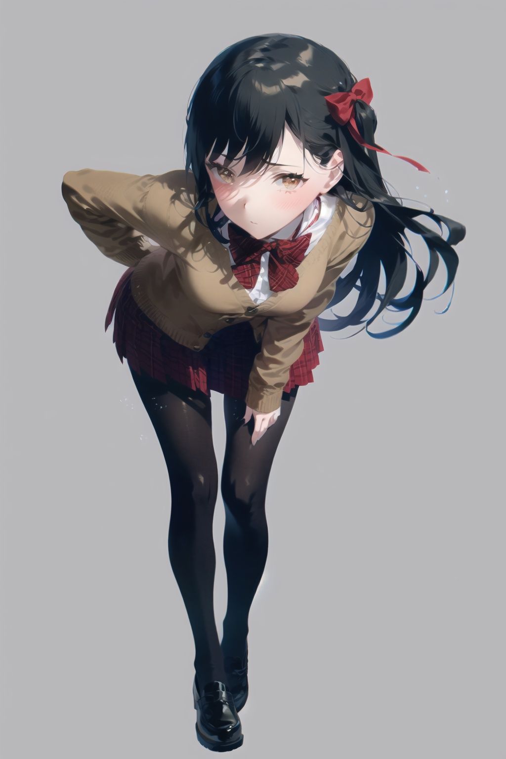 1girl, solo, pantyhose, skirt, long hair, loafers, shoes, simple background, school uniform, brown eyes, plaid, black pantyhose, plaid skirt, looking at viewer, black hair, pantyhose pull, full body, clothes pull, black footwear, pleated skirt, leaning forward, bangs, long sleeves, bent over, cardigan, bow, bowtie, standing, closed mouth, pulled by self, grey background, blush, miniskirt, red bow, sweater, **********