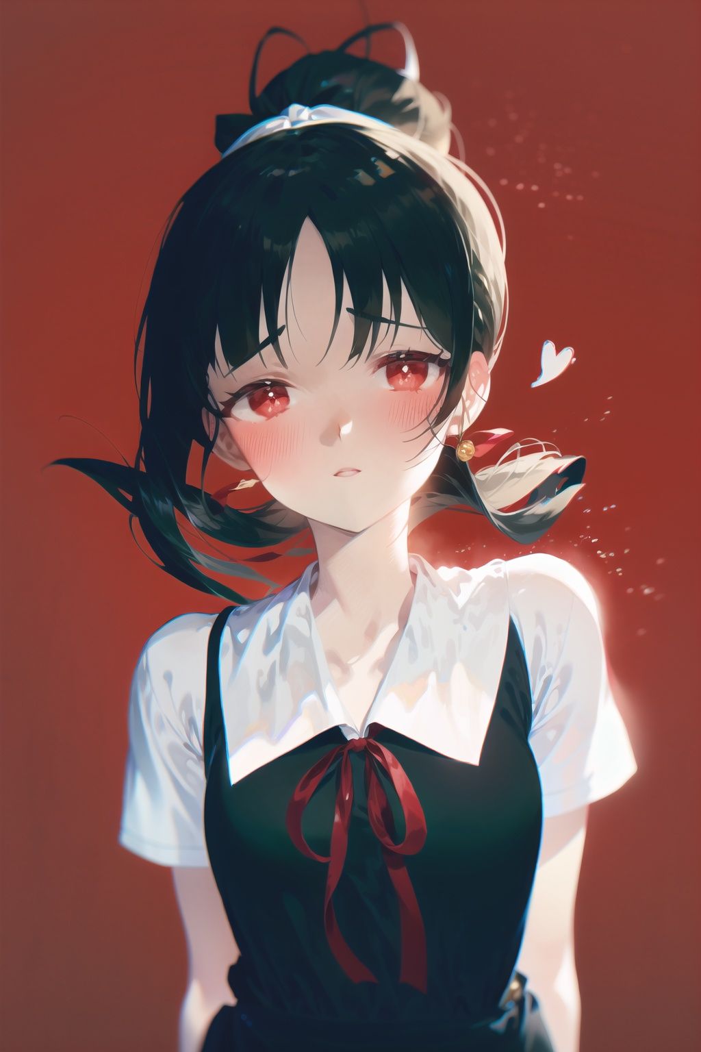 1girl, shinomiya kaguya, shuuchiin academy school uniform, solo, school uniform, red background, red eyes, heart, red ribbon, dress, ribbon, short sleeves, looking at viewer, folded ponytail, black dress, bangs, blush, holding, summer uniform, black hair, parted bangs, hair ribbon, sidelocks, simple background, shirt, white shirt, neck ribbon, arm behind back, short hair, symbol-shaped pupils, upper body, pinafore dress, heart-shaped pupils, hand up