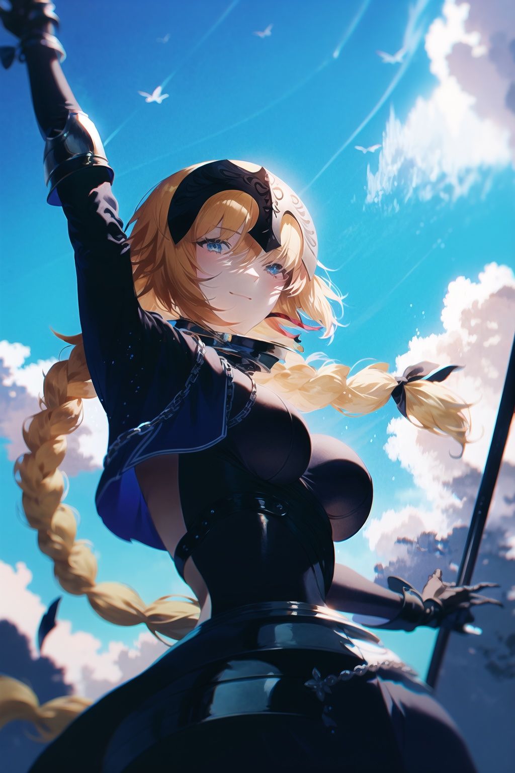 1girl, jeanne d'arc (fate), long hair, blonde hair, solo, jeanne d'arc (ruler) (fate), blue eyes, headpiece, braid, breasts, sky, gauntlets, armor, cloud, chain, flag, armored dress, smile, holding, bow, single braid, capelet, day, blue sky, hair bow, looking up, large breasts, bangs, holding flag, very long hair, closed mouth, long braid, faulds, outdoors, cloudy sky, hair between eyes