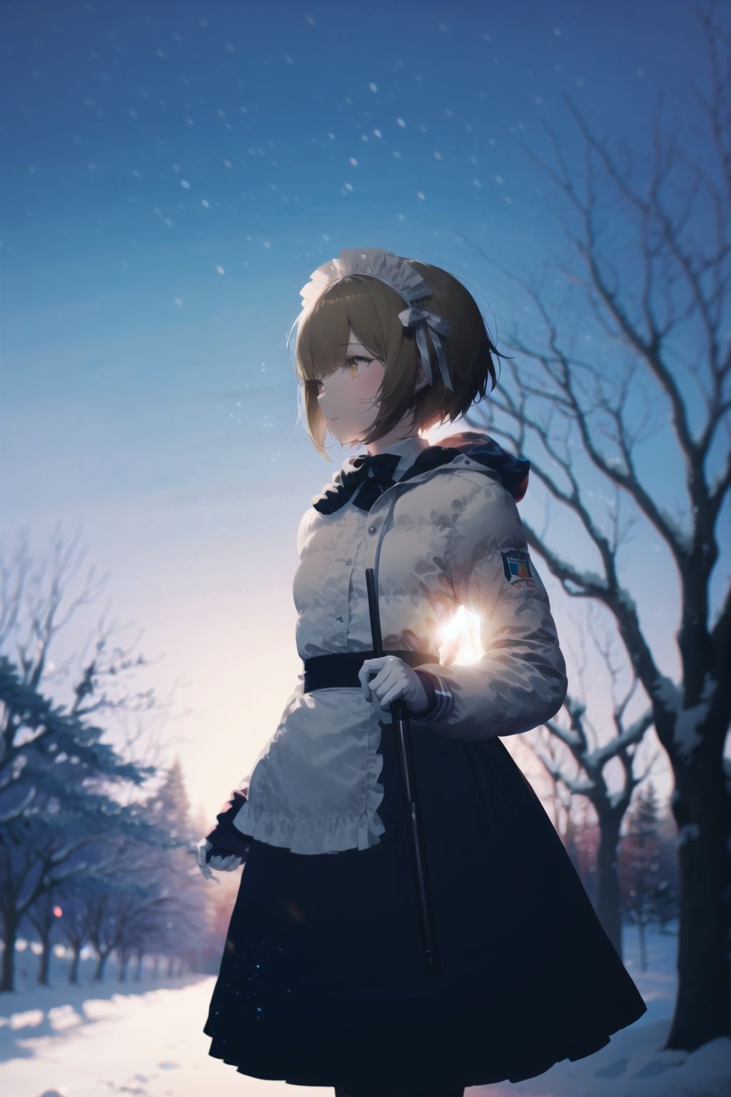  1girl, maid headdress, solo, weapon, gun, gloves, apron, holding, maid, tree, brown hair, short hair, holding weapon, black gloves, holding gun, snow, rifle, snowing, outdoors, jacket, dress, maid apron, white jacket, brown eyes, closed mouth, yellow eyes, long sleeves, bow, white bow, bowtie, ribbon, bangs, bare tree, coat, looking away, black dress, winter