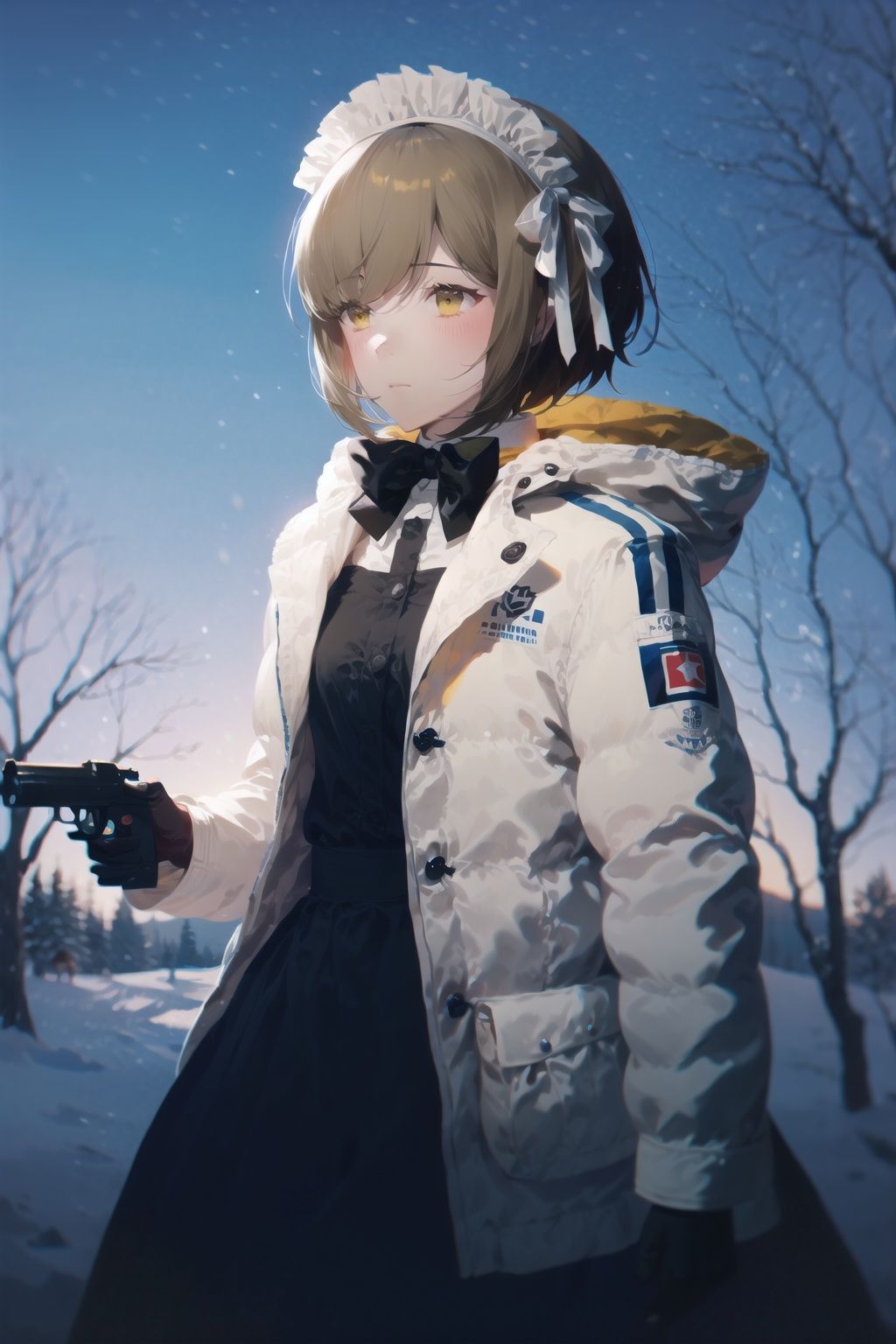  1girl, maid headdress, solo, weapon, gun, gloves, apron, holding, maid, tree, brown hair, short hair, holding weapon, black gloves, holding gun, snow, rifle, snowing, outdoors, jacket, dress, maid apron, white jacket, brown eyes, closed mouth, yellow eyes, long sleeves, bow, white bow, bowtie, ribbon, bangs, bare tree, coat, looking away, black dress, winter
