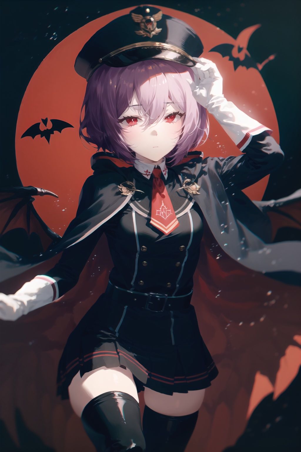 1girl, solo, hat, uniform, red eyes, remilia scarlet, military uniform, bat (animal), wings, necktie, gloves, military, alternate costume, bat wings, white gloves, belt, looking at viewer, long sleeves, boots, short hair, thighhighs, military hat, peaked cap, black necktie, adjusting clothes, hair between eyes, coat, armband, shirt, cape, black headwear, closed mouth, skirt, light purple hair, slit pupils, purple hair, black coat, thigh boots, black thighhighs
