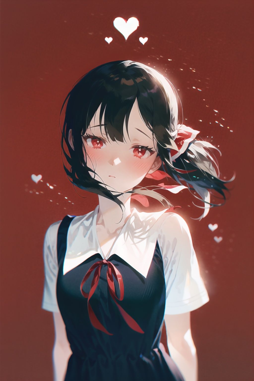 1girl, shinomiya kaguya, shuuchiin academy school uniform, solo, school uniform, red background, red eyes, heart, red ribbon, dress, ribbon, short sleeves, looking at viewer, folded ponytail, black dress, bangs, blush, holding, summer uniform, black hair, parted bangs, hair ribbon, sidelocks, simple background, shirt, white shirt, neck ribbon, arm behind back, short hair, symbol-shaped pupils, upper body, pinafore dress, heart-shaped pupils, hand up