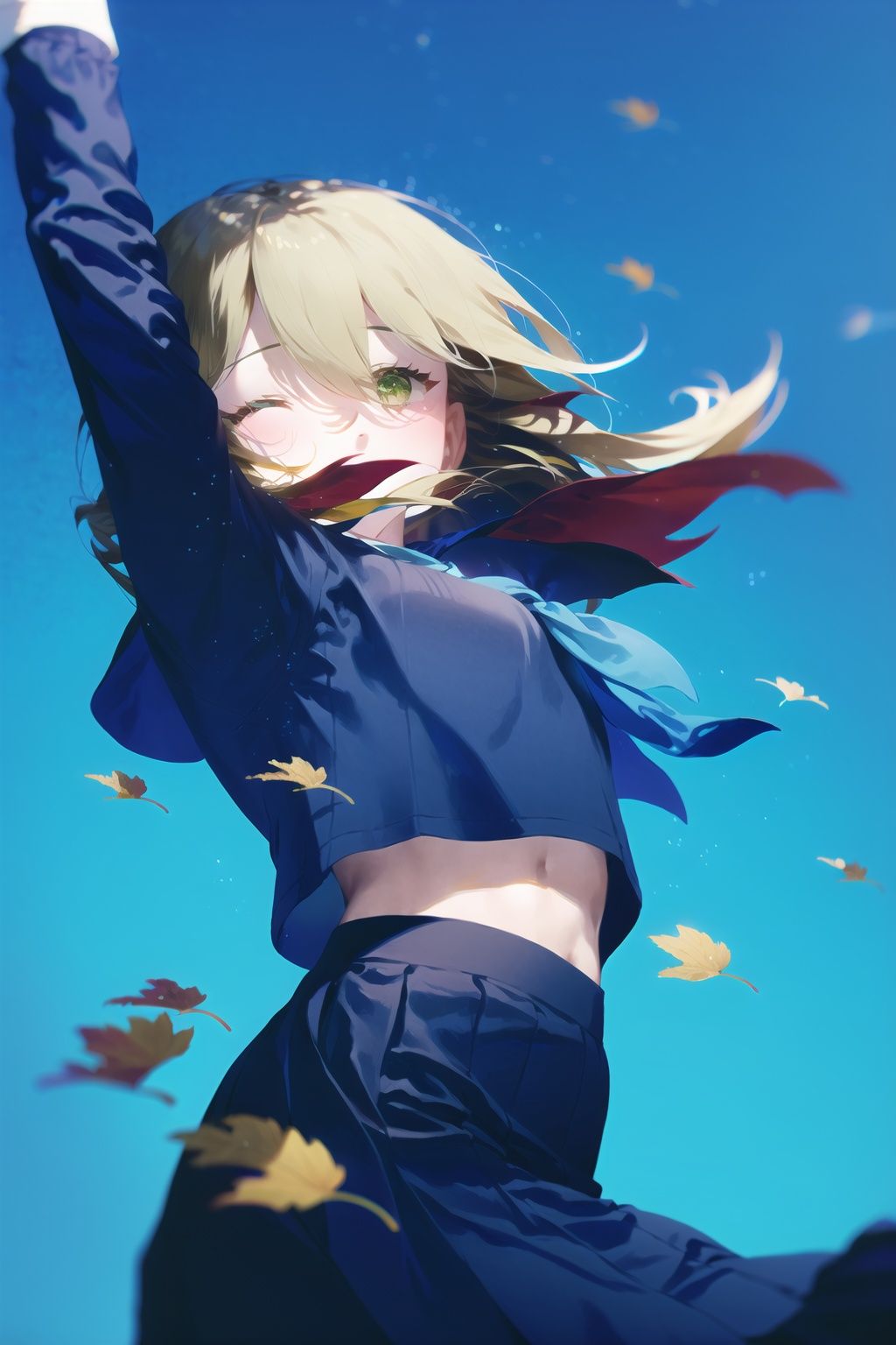 1girl, skirt, solo, one eye closed, long hair, school uniform, leaf, green eyes, blue skirt, shirt, brown hair, serafuku, blue shirt, long sleeves, pleated skirt, blue serafuku, neckerchief, blue sky, bangs, sailor collar, sky, arms up, outdoors, midriff peek, hair between eyes, cowboy shot, blue background, red neckerchief, standing, autumn leaves, falling leaves, midriff, arm up, wind, day