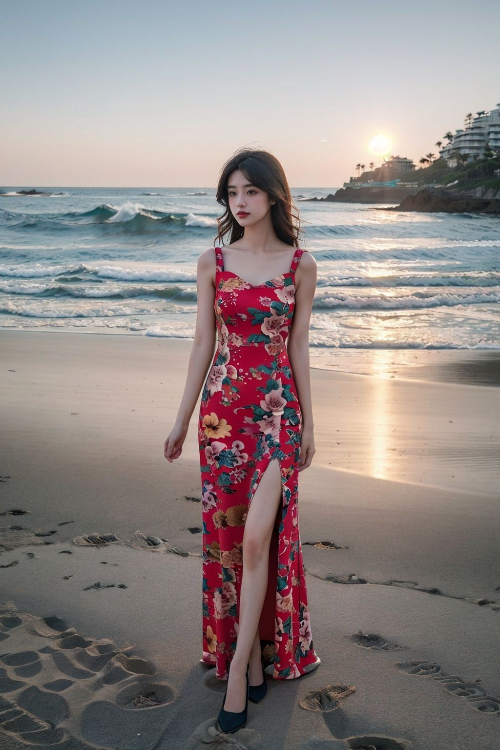  ((masterpiece)), ((best quality)), 8k, high detailed, ultra-detailed, (20-year-old girl), (dress), (strap dress), (on the beach), (solo), (seaside), (sunset), (golden hour), (ocean waves), (sand), (serenity).cuihua