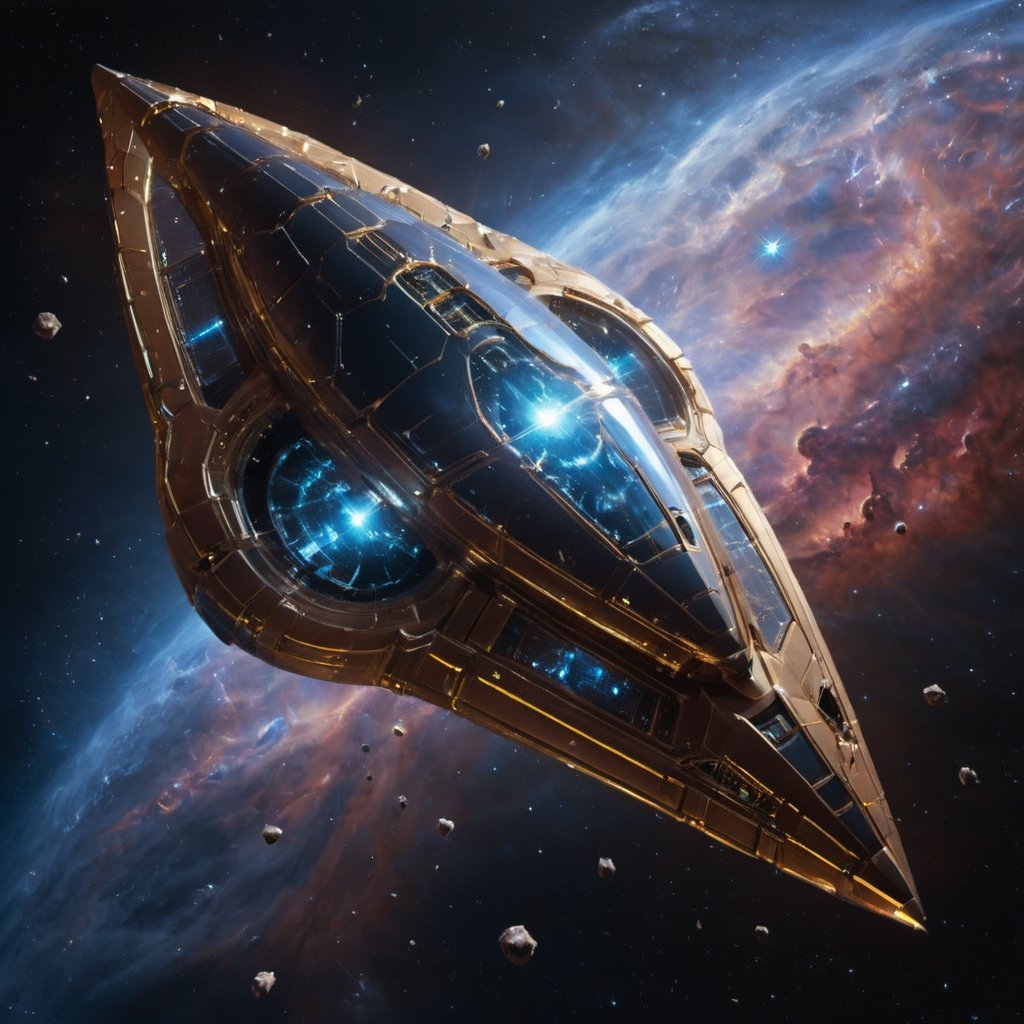 (mesmerizing depiction of a mid-sized alien vessel,  with its crystalline hull and ornate architecture,  evoking a sense o...