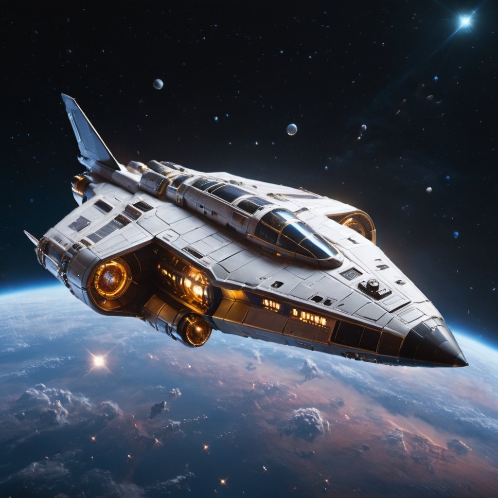 (hyperdetailed representation of a tiny exploratory shuttle,  its metallic surfaces adorned with complex circuitry,  offer...