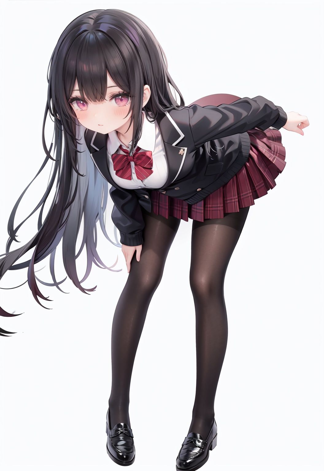  1girl, solo, pantyhose, skirt, long hair, loafers, shoes, simple background, school uniform, brown eyes, plaid, black pantyhose, plaid skirt, looking at viewer, black hair, pantyhose pull, full body, clothes pull, black footwear, pleated skirt, leaning forward, bangs, long sleeves, bent over, cardigan, bow, bowtie, standing, closed mouth, pulled by self, grey background, blush, miniskirt, red bow, sweater, **********