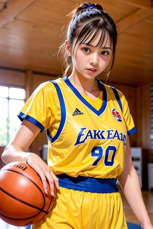 a woman playing basketball,  ,  yellow uniform on Tensor.Art