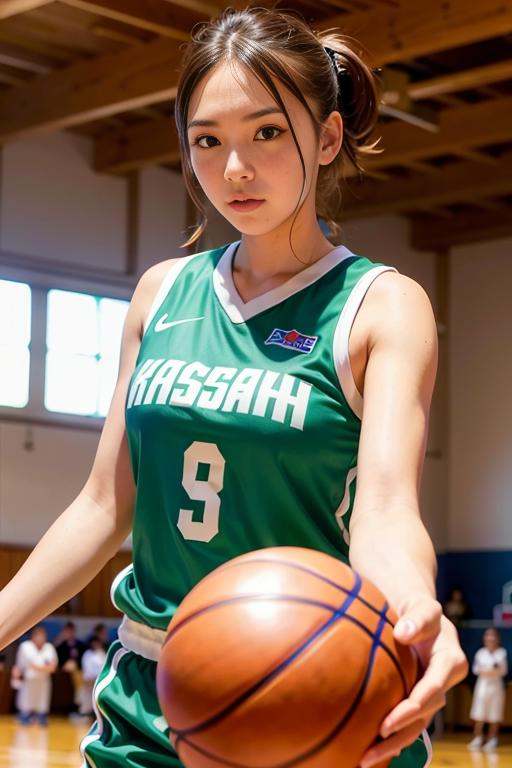 a woman playing basketball,  ,  green uniform on Tensor.Art