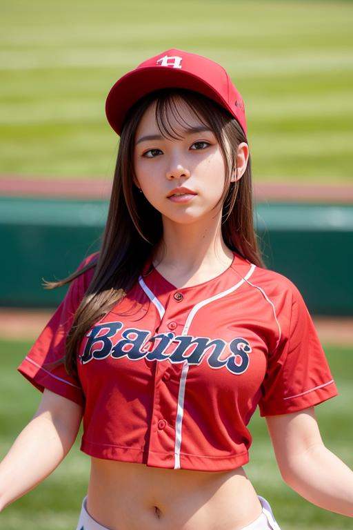 a woman playing baseball,  ,  red uniform on Tensor.Art