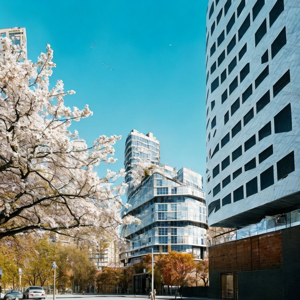 white_building,architecture, bare_tree, building, city, cityscape, day, gradient, gradient_background, house, outdoors, scenery, sky, skyline, skyscraper, street, tree ,best quality